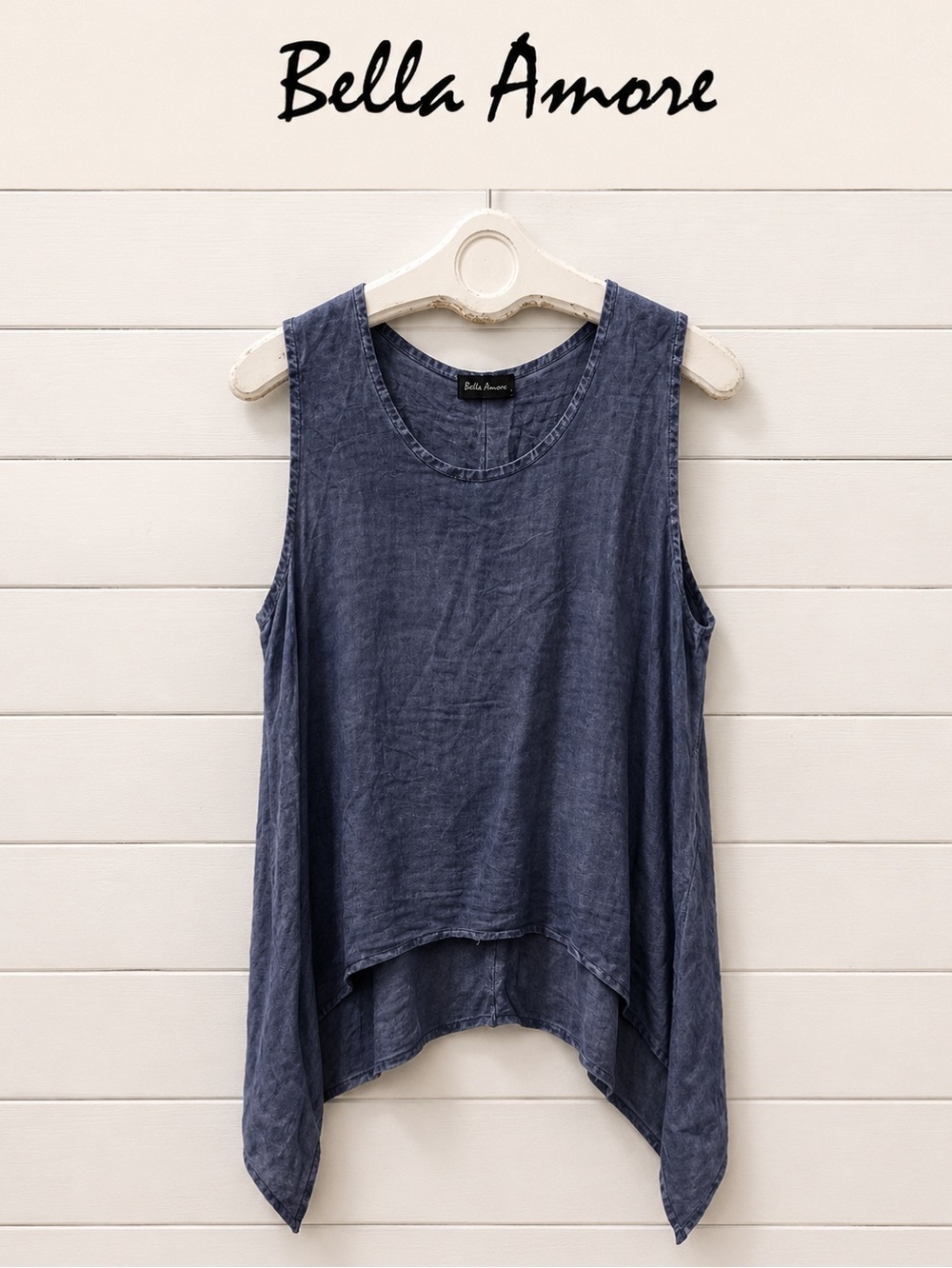 BELLA AMORE – Indigo Sleeveless Tunic Asymmetrical Hem One Size (Fits XL)